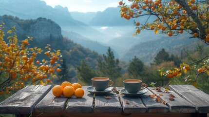  two cups of coffee sit on a wooden table with a view of mountains and oranges in the foreground, with a cup of coffee and saucer in the foreground.