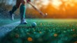 © Jevjenijs - a close up of a person hitting a golf ball with a golf club on a green grass covered golf course with boke boke boke lights in the background.