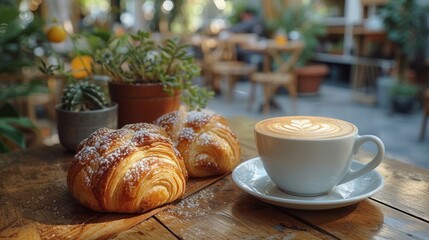  two croissants and a cup of coffee sit on a wooden table in front of a potted plant and a potted houseplant in the background.