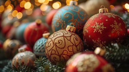 Poster -  a pile of christmas ornaments sitting on top of a table next to a pile of green and red baubles on top of a christmas tree with lights in the background.