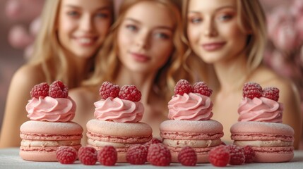 Poster -  three beautiful young women sitting next to each other with macaroni and cheese and raspberries on top of the macaroni and cheese macaroni.