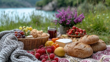 Wall Mural -  a picnic with breads, fruit, and jams on a blanket on the grass near a body of water with flowers in the background and a basket of berries in the foreground.