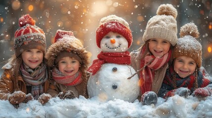 Wall Mural -  a group of three little girls standing next to a snowman in a pile of snow with a snowman in the middle of the picture and a snowman in the middle of the picture.