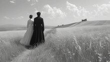  A Black And White Photo Of A Man And A Woman In A Long Dress Standing In The Middle Of A Field Of Tall Grass With A Castle In The Background.