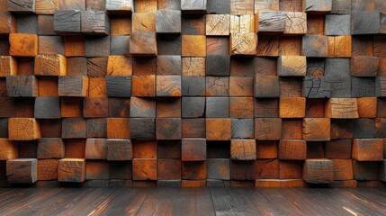  a wall made out of wooden blocks with a wood floor in front of it and a wooden floor in the middle of the room with a wood flooring area.