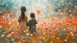  two little girls are standing in a field of flowers with a heart shaped balloon in the air in the middle of the picture is a boke of the picture.