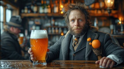 Poster -  a man with a beard sitting at a table with a glass of beer and oranges in front of him and another man sitting at a bar in the background.