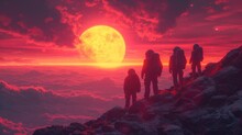  A Group Of People Standing On Top Of A Mountain Under A Red And Yellow Sky With A Full Moon In The Middle Of The Sky And A Group Of People Standing On Top Of The Mountain.