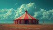  a big red and white circus tent sitting in the middle of a field under a cloudy blue sky with a cross on the top of the top of the tent.
