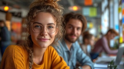 Wall Mural -  a man and a woman sitting at a table with a laptop in front of them and people in the back of the room in the background looking at the camera.