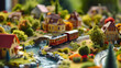 A toy train set in a detailed miniature village.