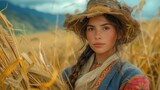 Fototapeta  - Chica joven  mediana edad campesina, con sombrero, vestido rojo tradicional , trenza, en el exterior, prado sembrado, dorado, agricultura, recogiendo siembra, vida rural, cereales vida sana