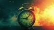 The alarm clock symbol on the background of an explosion. The time before the explosion. Poster design in the style of a popular science film. Creative concept of illustrating time and danger