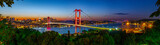 Fototapeta  - Istanbul Bosphorus panoramic photo. Istanbul landscape beautiful sunset with clouds Ortakoy Mosque, Bosphorus Bridge, Fatih Sultan Mehmet Bridge Istanbul Turkey.Best touristic destination of Istanbul