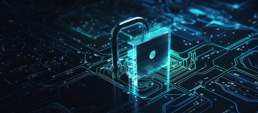 Digital secure connection with padlock on motherboard computer with neon lights. AI generated image