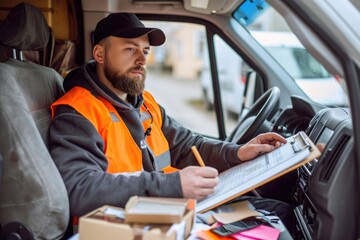 Portrait of a male delivery driver at work. He is sitting in his van looking at a clipboard with documents