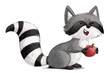 Illustration of funny raccoon eating an apple