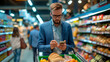 © Studio Nova - man in a blue blazer and glasses is using his smartphone while shopping in a grocery store
