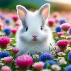 Wall Mural - white rabbit with flowers  generated  ia