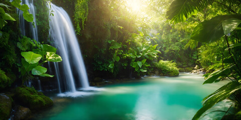 Waterfall And Exotic Plants In Tropics