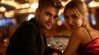 © ArtCookStudio - a young couple plays poker in a casino. A man is dressed in a black suit, a woman is dressed in a red satin dress