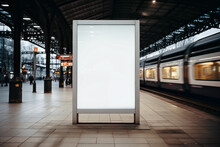 Blank White Billboard On Platform Of Railway Station. Mock Up