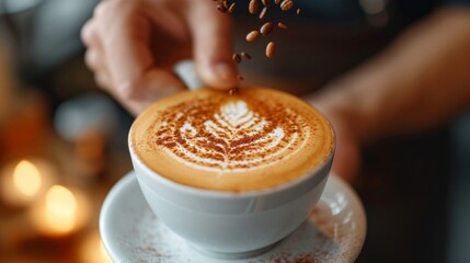 Canvas Print - A young handsome barista in a coffee shop makes a beautiful cappuccino with a pattern of a leaf shape