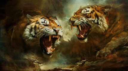 Ferocious Tigers Roaring in a Dramatic Encounter. Generative AI.