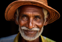 Generative AI Illustration Of Portrait Of An Elderly Man With A Warm Smile Wearing A Weathered Brown Hat, Showcasing Deep Set Eyes And A White Mustache Against A Dark Background