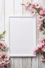 Blank Picture Frame With Pink Flowers On Wooden Background. Generative AI Image