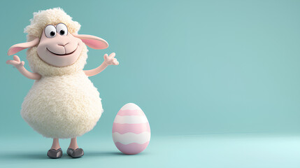 Wall Mural - illustration of a cute easter lamb with an easter egg, background poster for social media marketing and promotion with copy space