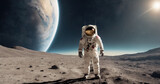 Fototapeta Kosmos - A stunning image of an astronaut in a white spacesuit with a rocket, satellite, and Earth in the background, encapsulating the essence of space exploration and the universe.