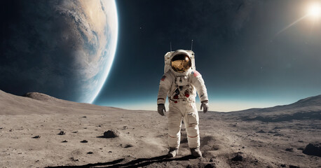 a stunning image of an astronaut in a white spacesuit with a rocket, satellite, and earth in the bac