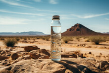 Glass Bottle With Water In The Desert On A Stone. Generative AI