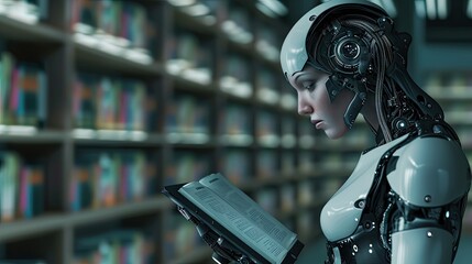Wall Mural - Female robot reading a book in the library