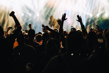 Wall Mural - Crowd is rising hands and dancing on an open air music festival