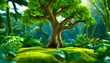 3d illustration of an amazing old tree, gaming background, green forest in the jungle 