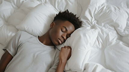 Poster - male asleep in a comfortable white bed