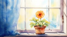 A Single Orange Flower In A Brown Pot Sits On A Windowsill. The Window Is Large And White, With A Blue Curtain On The Left.
