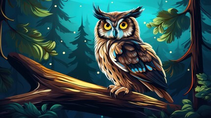 The charm of the wild is captured in this drawing, presenting an owl perched on a branch in the golden light of the sunset.