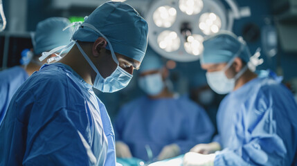 Sticker - focused male surgeon in blue scrubs and a surgical mask in an operating room