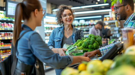 Wall Mural - joyful woman holding fresh greens while shopping in a grocery store with another shopper in the background