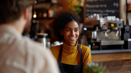 Wall Mural - smiling female barista is interacting with a customer at a coffee shop counter