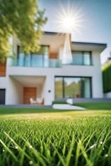 Green mown lawn with fresh grass with blurred background of a modern private house and flower garden.