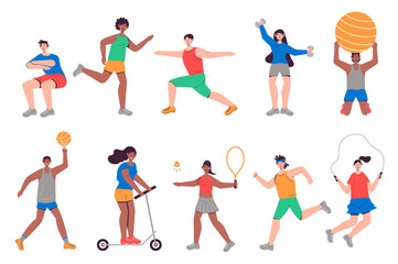 Aufkleber - People do fitness set in flat design. Men and women running, exercising with dumbbells and balls, rope jump, yoga asanas. Bundle of diverse characters. Illustration isolated persons for web