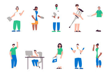 Wall Mural - Medical staff people set in flat design. Men and women work in hospital, nurses and doctors, dentists, physicians and other. Bundle of diverse characters. Illustration isolated persons for web