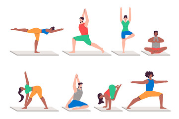 Aufkleber - People doing yoga asanas set in flat design. Men and women practicing yoga and training, doing stretching and exercises. Bundle of diverse characters. Illustration isolated persons for web