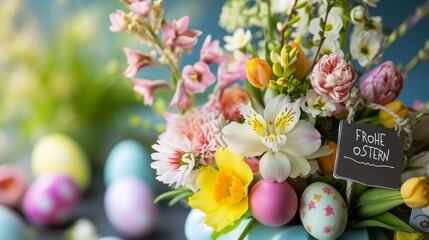 Wall Mural - Happy Easter in German, Colorful Easter Arrangement with Flowers and Eggs. Floral spring wallpaper background, copy space