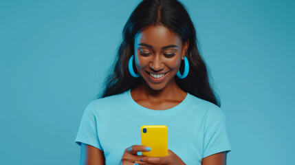 Poster - smiling young woman looking down at her yellow smartphone with pleasure, wearing a blue top and matching blue hoop earrings against a soft blue background