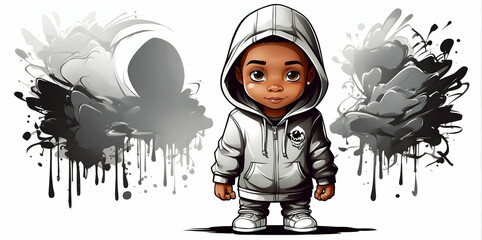 vector t shirt art ready to print black and white, graffiti style, full body, chibi, little black Boy wearing a hood, white background